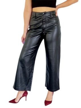 ZARA black vegan leather stretch high rise wide leg ankle crop pants Sz 10 NEW